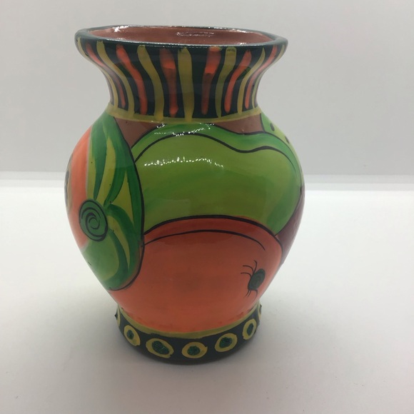 Colorful Glazed Mexican Redware Art Pottery Vase Fruit Pattern Tutti Fruiti Folk - Picture 3 of 10